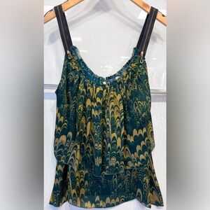 Green and Cognac Geometric Print Silk Tank Size S zipper detail